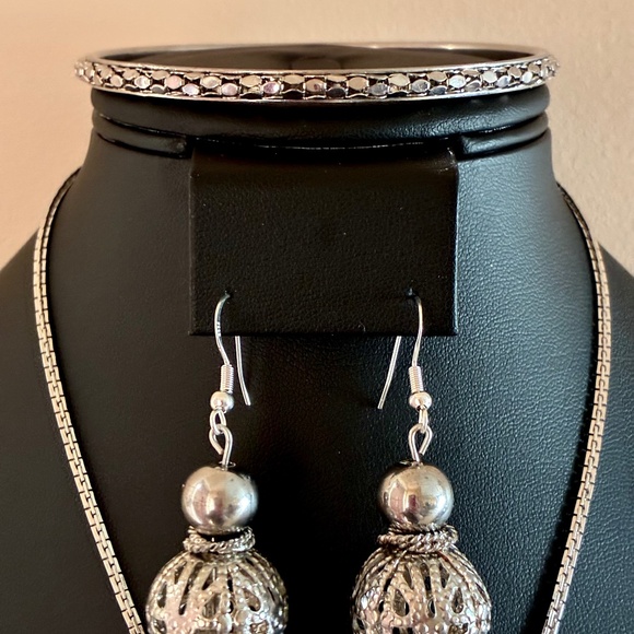 Jewelry Set, Silver Tone: Pendant Necklace, Earrings, Bangle Bracelet - Picture 2 of 3